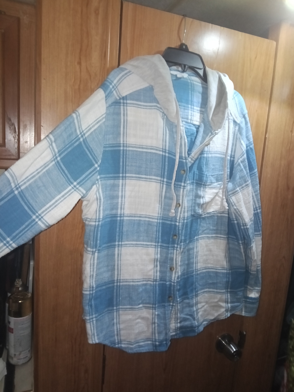 Time and Tru Blue and White Plaid Hooded Button-Down Shirt